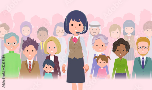 大勢の前に立つインカムをつけたビジネス女性のセット