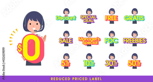 お得な表記を持つインカムをつけたビジネス女性のセット。英語。編集が容易なベクターアートです。