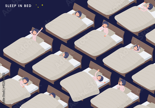 ベッドで眠る様々なポーズのインカムをつけたビジネス女性のセット