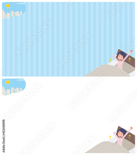 起床についての背景デザインインカムをつけたビジネス女性のセット