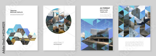 A4 brochure layout of covers design template with triangles, triangular pattern for flyer leaflet, A4 brochure design, report, presentation, magazine cover, book design.Background with place for photo