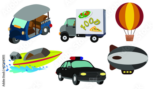 Flat design vehicle vector ,Flat cars set. city cars and vehicles transport vector flat icons set. tuk tuk thailand ,speed boat, police car,city cars and vehicles transport vector flat icons set.