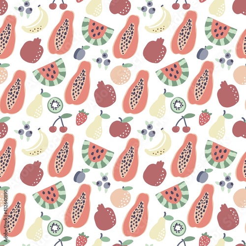 Fruit pattern. Papaya banana watermelon seamless pattern. Vector summer tropical print for t shirt design
