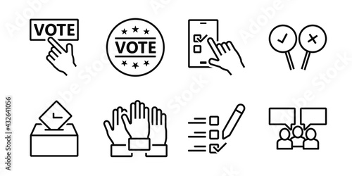 Simple set of voting related vector icons. Contains such icons as electronic voting, raising hands, ratings of candidates, ballot boxes and more.