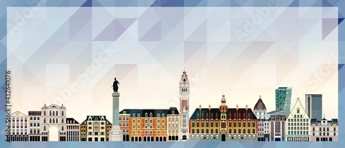 Lille skyline vector colorful poster on beautiful triangular texture background