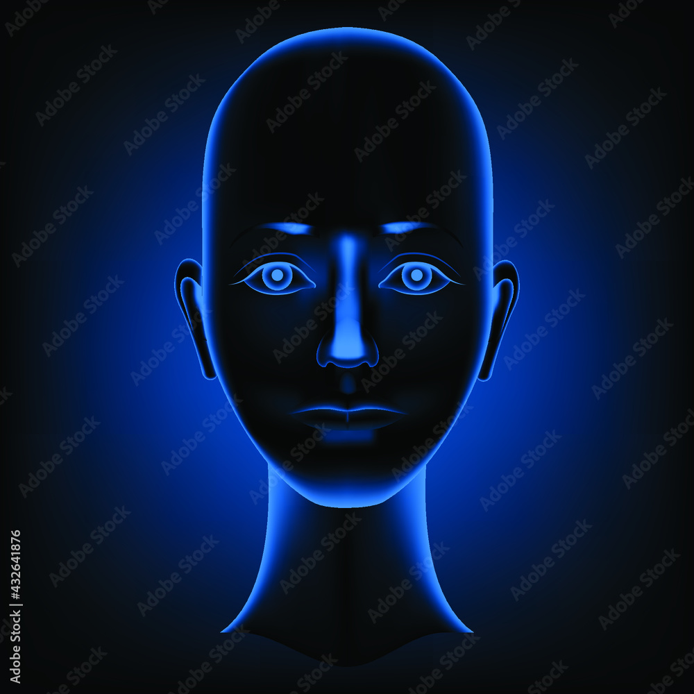 Bald head in X-ray light. The face is glowing blue. Vector illustration