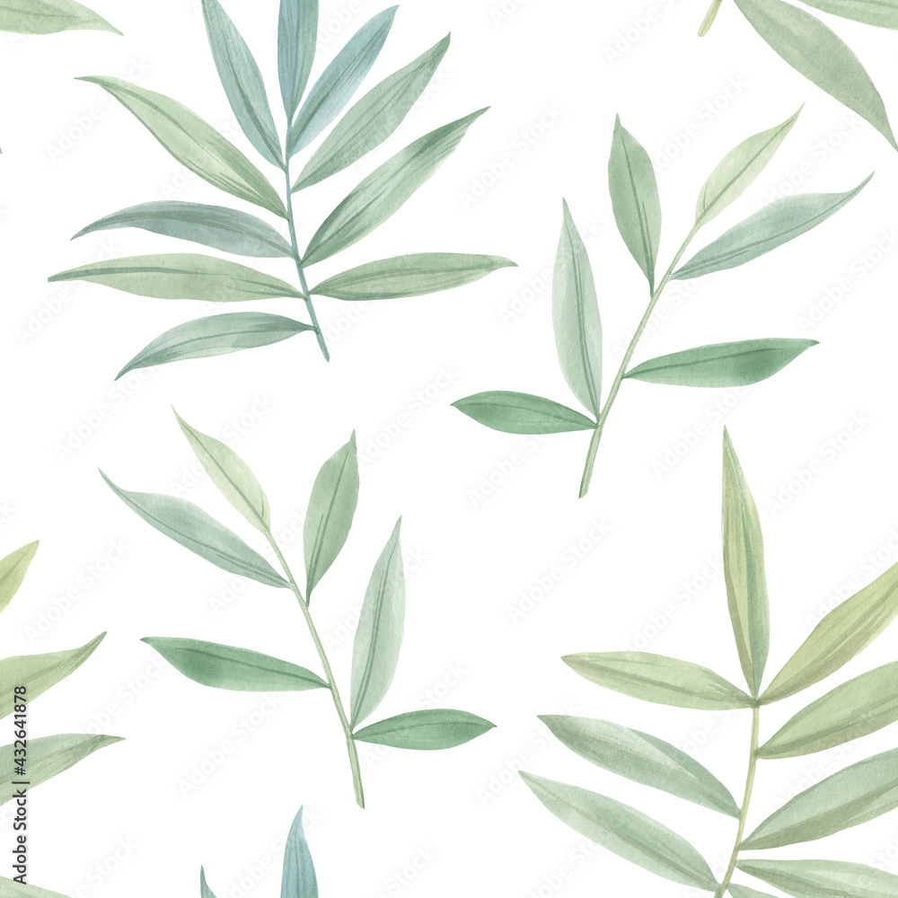 Fototapeta premium Botanical pattern on a white background. Leaves and branches painted in watercolor. Seamless watercolor illustration. Green leaves for design, wallpaper, textiles and wrapping paper.