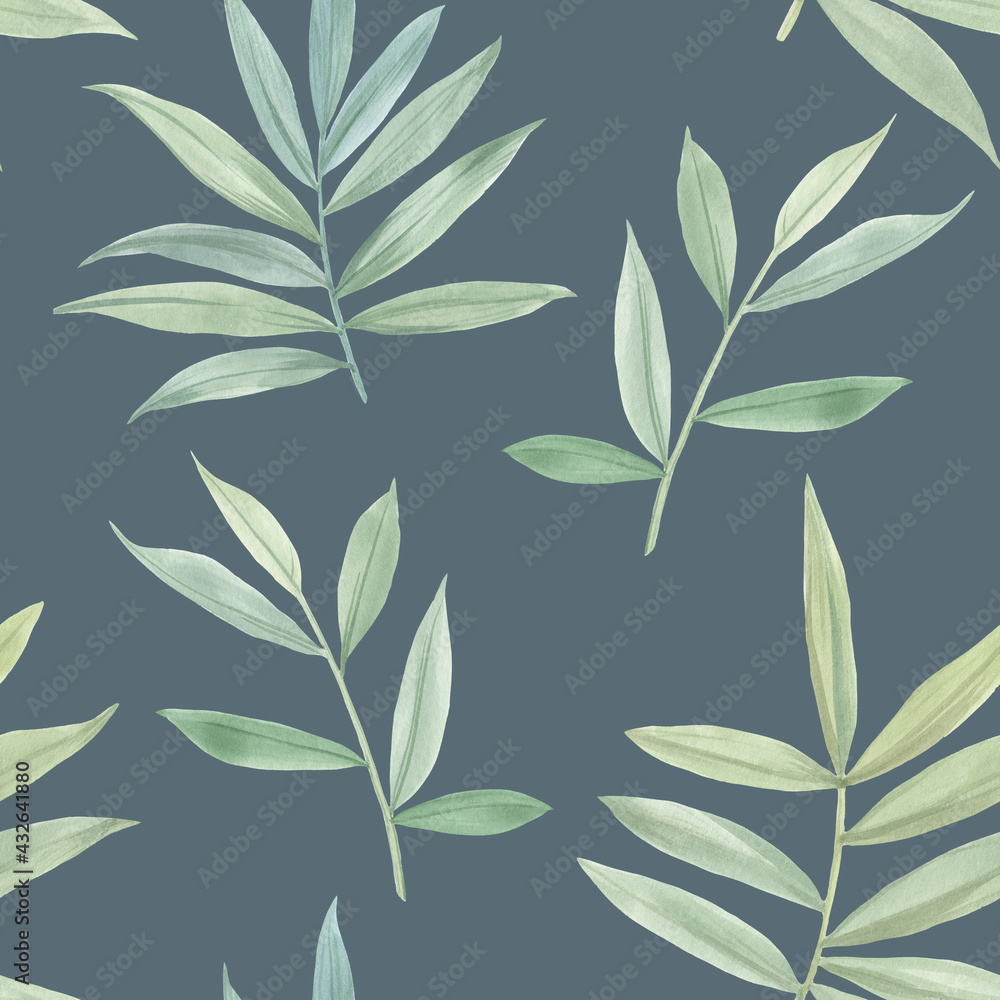 Botanical pattern. Leaves and branches painted in watercolor. Seamless watercolor illustration. Green leaves for design, wallpaper, textiles and wrapping paper.