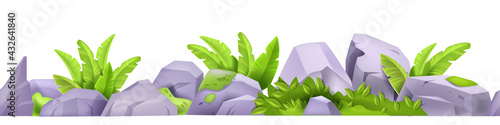 Stone rock seamless vector border, banana leaves, bushes, tropical illustration isolated on white. Exotic game environment design element, boulders, greenery. Nature stone border pile jungle frame