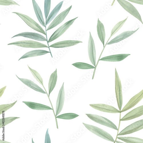 Botanical pattern on a white background. Leaves and branches painted in watercolor. Seamless watercolor illustration. Green leaves for design, wallpaper, textiles and wrapping paper.