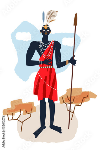 African tribal man standing with spear. Warrior in nature vector illustration. Young guy with weapon. Traditional ethnic elements, jungle with trees and sand in background