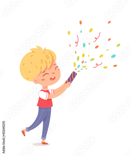 Happy birthday, boy celebrating at party with confetti. Cute child holding decoration in hand vector illustration. Little kid smiling and standing isolated on white background