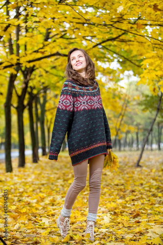 ortrait of beautiful woman wearing sweater in autumn yellow park  © PEPPERSMINT