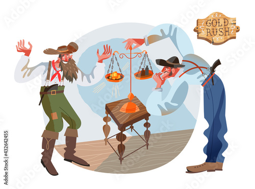Diggers weighing gold on scales in Golden Rush times. Old and young prospectors discover diamond nuggets, using measure tools vector illustration. Western happy men working