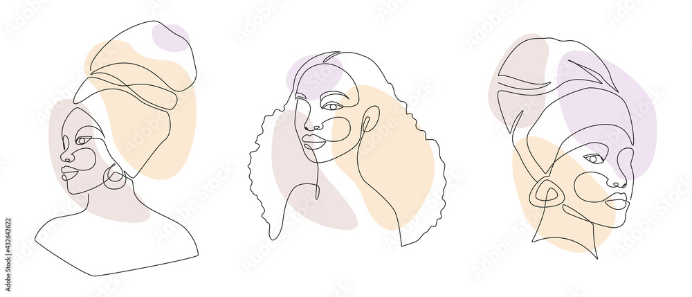 Set of African Woman Faces in one Line drawing. Abstract Vector Portrait of female in minimalistic modern style. Afro girl in turban. Vector fashion illustration - obrazy, fototapety, plakaty 