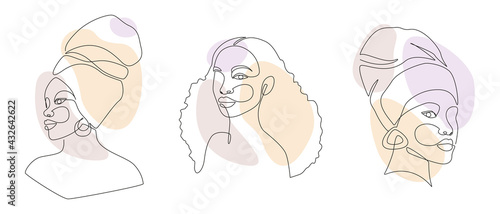 Set of African Woman Faces in one Line drawing. Abstract Vector Portrait of female in minimalistic modern style. Afro girl in turban. Vector fashion illustration