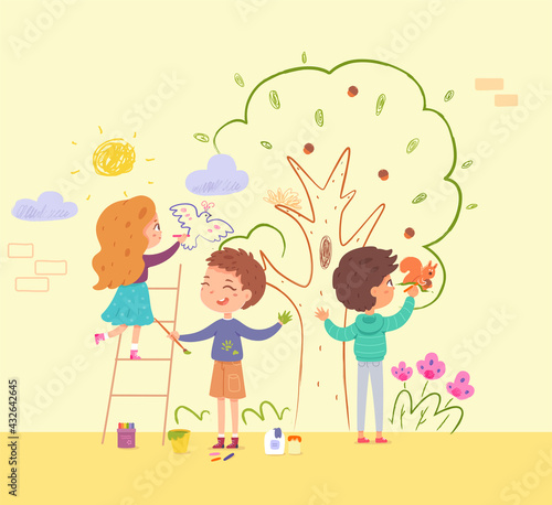 Children painting wall in kindergarten. Kids doing creative art with brushes vector illustration. Little happy boys and girl drawing tree  bird  squirrel with paint together