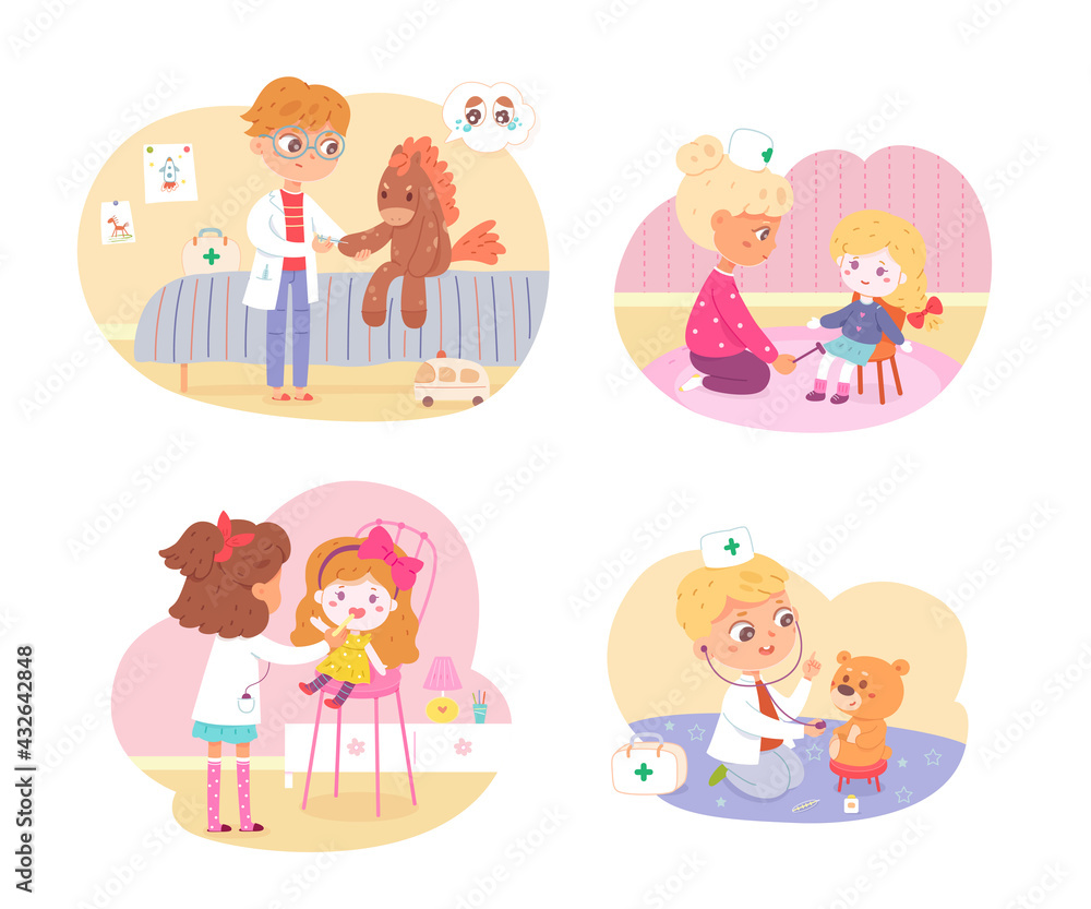 Kids playing doctor set. Little boys and girls with toys as patients vector illustration. Cute children treating sick patients: horse, dolls, teddy bear. Childhood activity Kids playing doctor set. Little boys and girls with toys as patients vector illustration. Cute children treating sick patients: horse, dolls, teddy bear. Childhood activity
