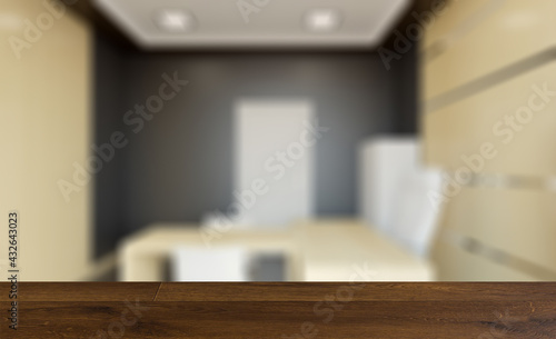 Background with empty table. Flooring. Modern office Cabinet. 3D rendering. Meeting room