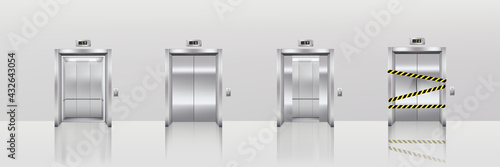 Elevator doors set. Lifts closed, opened, broken in hotel or office vector illustration. Realistic stainless steel hallway interior elements on grey background. Interior of building