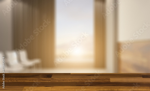 Background with empty table. Flooring. Open space office interior with like conference room. Mockup. 3D © COK House