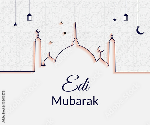 eid mubarak mosque, star, moon line art and fanos white print template background design
