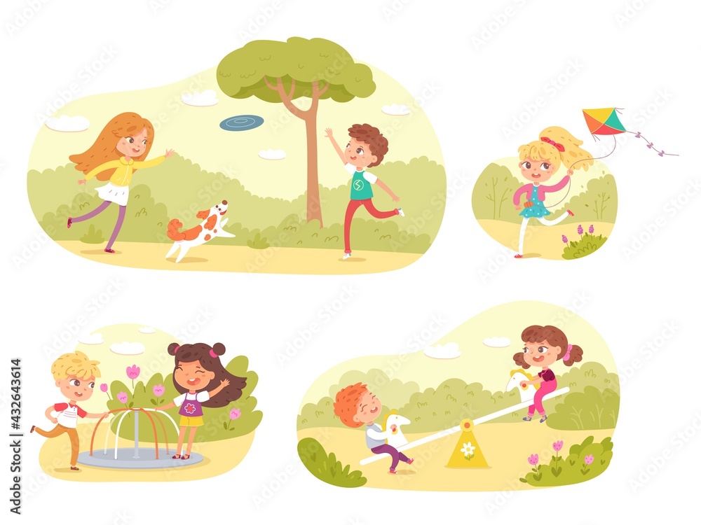 Obraz premium Children playing in park or playground set. Happy kids doing outdoor summer activities vector illustration. Child with flying kite, boy and girl with dog and frisbee, on swing, carousel