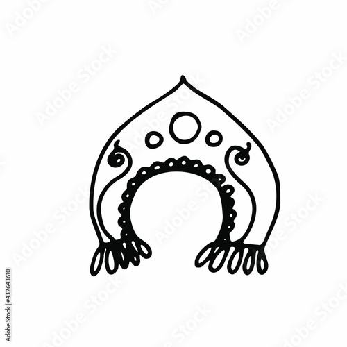 headdress kokoshnik hand-drawn illustration. Black and white image on an isolated background