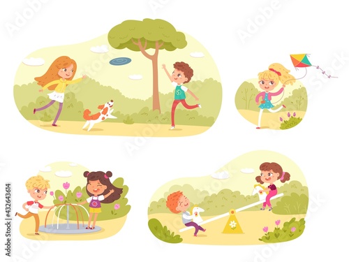 Children playing in park or playground set. Happy kids doing outdoor summer activities vector illustration. Child with flying kite, boy and girl with dog and frisbee, on swing, carousel