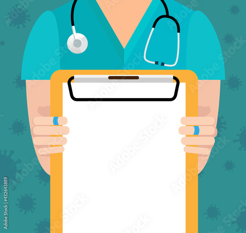 Close-up of a nurse with lab coat in his office holding a clipboard.