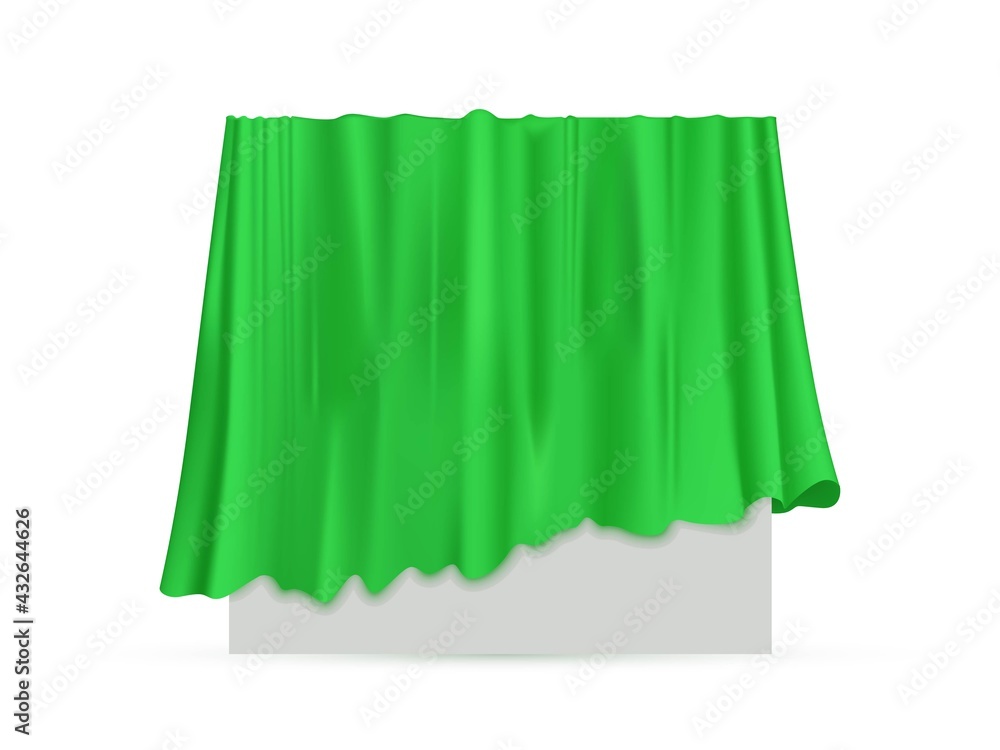 Green cloth drapery covering square table. Silk fabric hanging on gift for surprise reveal vector illustration. Hidden secret under veil decoration. Mysterious presentation event. Green cloth drapery covering square table. Silk fabric hanging on gift for surprise reveal vector illustration. Hidden secret under veil decoration. Mysterious presentation event.