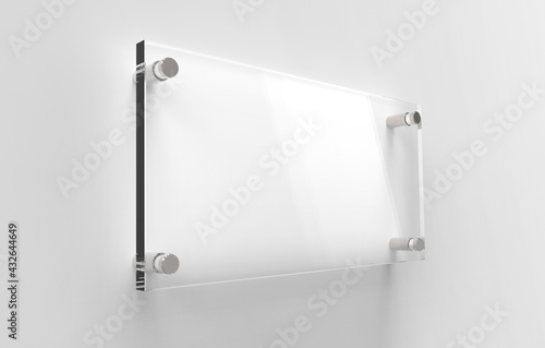 Blank Transparent Glass Interior Office Corporate Signage Plate Mock Up Template, Clear Printing Board For Branding, Logo. Transparent acrilic advertising signboard mock-up side view. 3D rendering