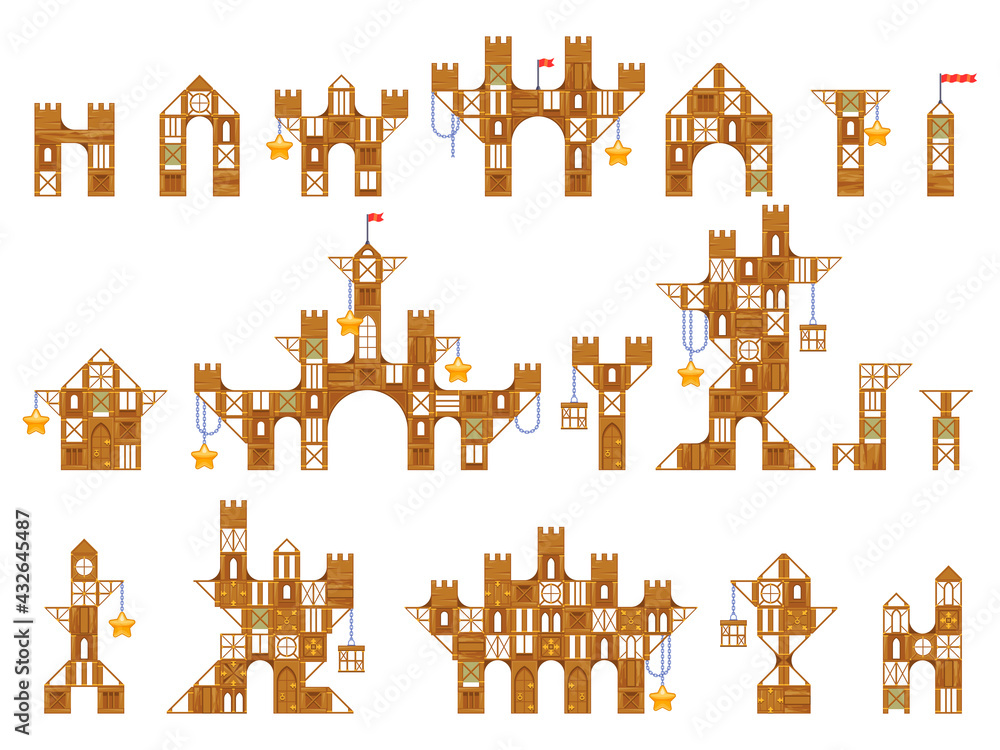 Set of wooden buildings, castles or towers for game design. Vector ...