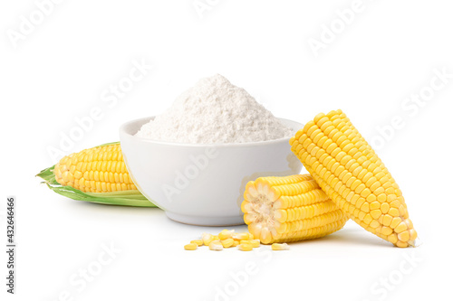 Corn starch with fresh corn isolated on white background. photo