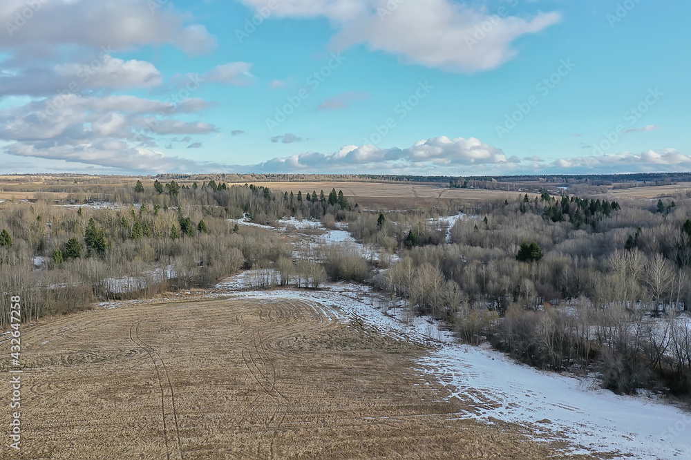 early spring field top view drone, abstract landscape flight early spring field top view drone, abstract landscape flight