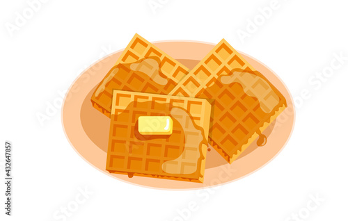 Belgian waffles with honey on a white plate. Illustration in flat style