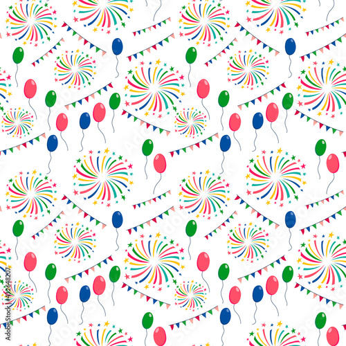 Seamless festive pattern with salutes, balloons, garland of flags. Vector illustration