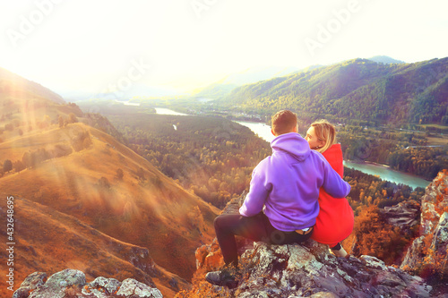 couple autumn altai lovers mountains, active adventures, travel happy tourism photo