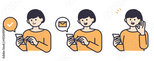 スマホを操作して登録する女性のイラスト素材