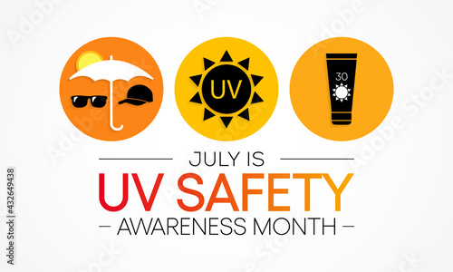 UV safety awareness month is observed every year in July, it is a type of electromagnetic radiation that makes black light posters glow, and is responsible for summer tans and sunburns. Vector art.