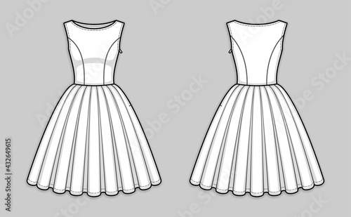 Knee-length sleeveless bodice dress with boat neckline, seam at waist, hidden side closure, box pleated skirt. Back and front. Technical flat sketch. Vector illustration.