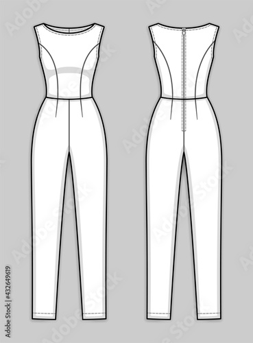 Close-fitting sleeveless jumpsuit with boat neckline, back zip clasp, ankle length tapered leg. Women's jumpsuit. Back and front. Technical flat sketch, vector.