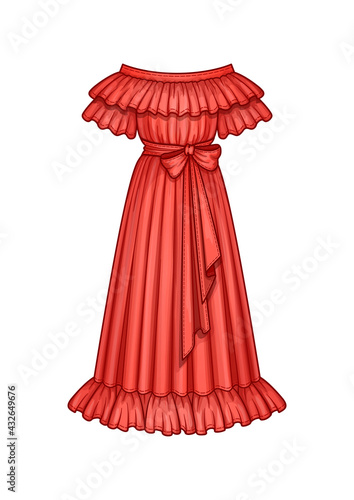 Off the shoulder long flared red dress with ruffle short sleeves. Ruffle neckline and hem. Maxi length. Waist belt with a bow. Technical flat sketch. Vector illustration.
