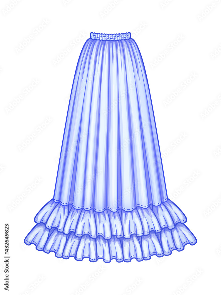 Long flared pale blue skirt with double ruffle hem. Elastic smocked waist. Floor length. Vector illustration.