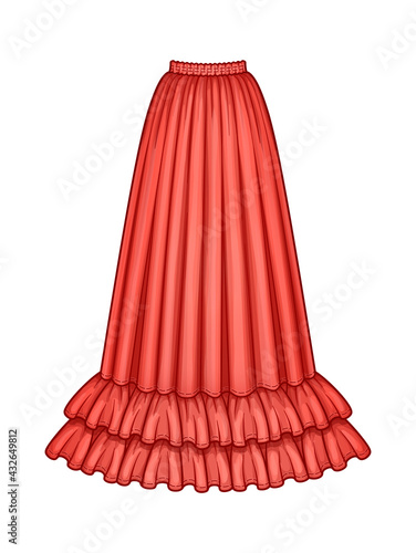 Long flared red skirt with double ruffle hem. Elastic smocked waist. Floor length. Vector illustration.
