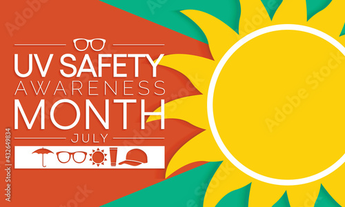 UV safety awareness month is observed every year in July, it is a type of electromagnetic radiation that makes black light posters glow, and is responsible for summer tans and sunburns. Vector art.