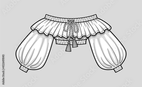 Shoulderless smocked cropped top with ruffle neckline and volume sleeves. Long smocked sleeves with elastic cuffs. Elastic hem and neckline. Tasseled tie neck. Technical flat sketch. Vector.