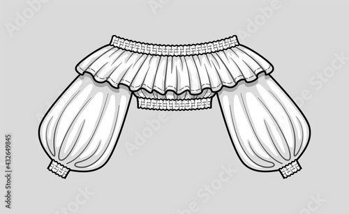 Shoulderless smocked cropped top with ruffle neckline and volume sleeves. Long smocked sleeves with elastic cuffs. Elastic hem and neckline. Technical flat sketch. Vector illustration.