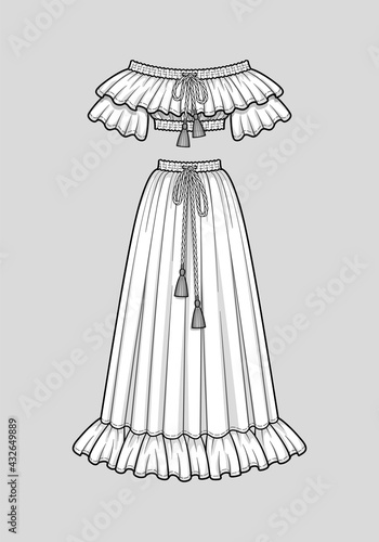 Off the shoulder crop top with ruffle neckline and short sleeves, elastic hem and neckline. Flared long skirt with ruffle hem, elastic waist. Tasseled tie neck and waist. Technical sketch, vector.