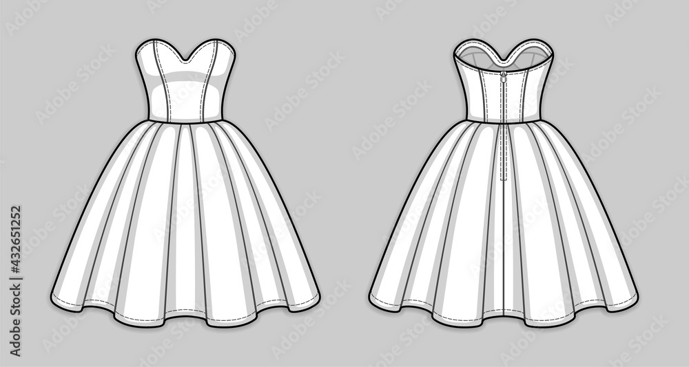 Knee-length corset bodice dress with strapless sweetheart neckline, panel lines, seam at waist, back zip closure, flared skirt with pleats. Back and front. Technical flat sketch. Vector illustration. Knee-length corset bodice dress with strapless sweetheart neckline, panel lines, seam at waist, back zip closure, flared skirt with pleats. Back and front. Technical flat sketch. Vector illustration.